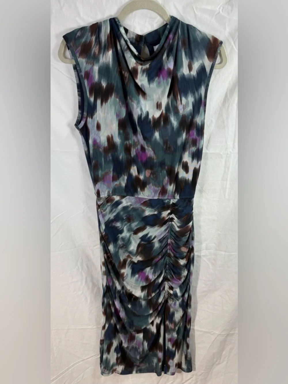 EVEREVE Ruched Abstract Print Midi Dress Mock Neck Stretch Dress Small - Picture 2 of 5